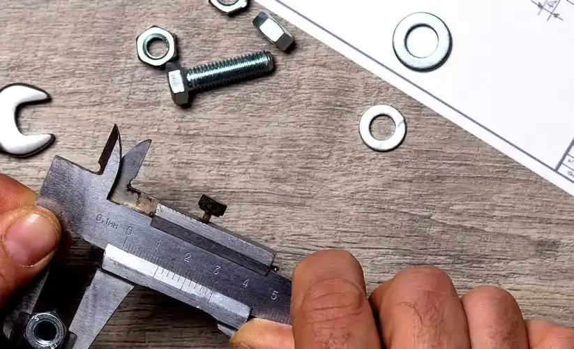 Werkzeuge und Schrauben auf Holztischplatte.